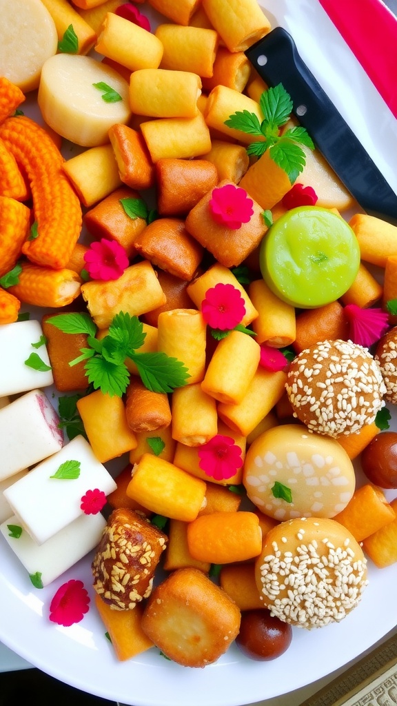 An assortment of Indonesian snacks like pastels, klepon, and onde-onde on a colorful platter, ideal for August 17th celebrations.